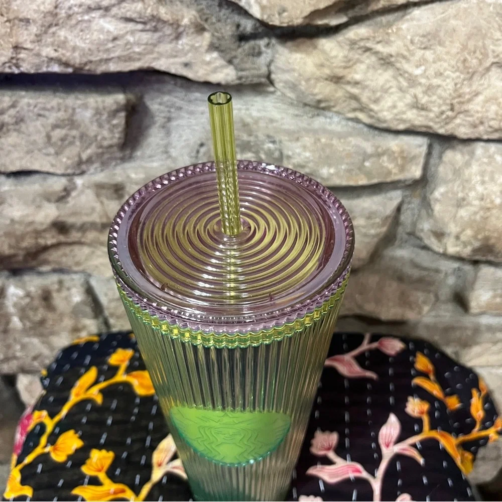 NWT Starbucks 2025 Neon Translucent Lime & Lilac Pleated Venti Tumbler 24oz